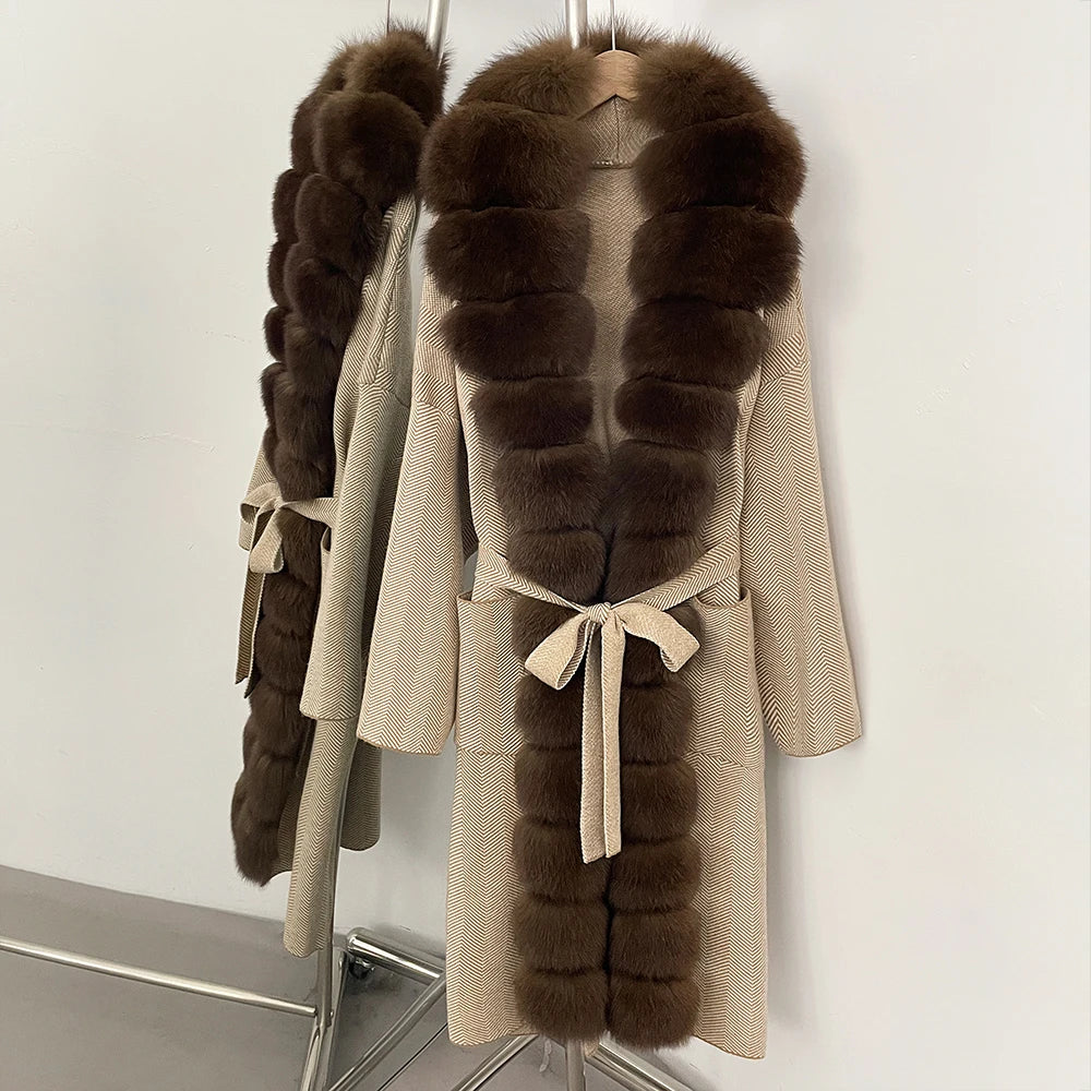 OFTBUY 2025 New Women's Knit Coat with Full Real Fox Fur Trim Belted Warm Winter Elegant Fashion Outerwear Female Long Sweater