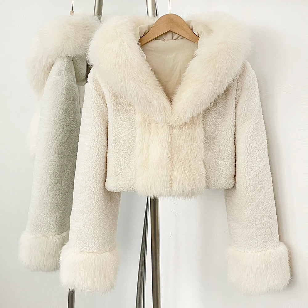 OFTBUY Short Faux Lamb Fur Jacket Female New Fashion Autumn Warm Thick Artificial Fur Winter Clothing Women Hooded Fake Fox Fur Coat