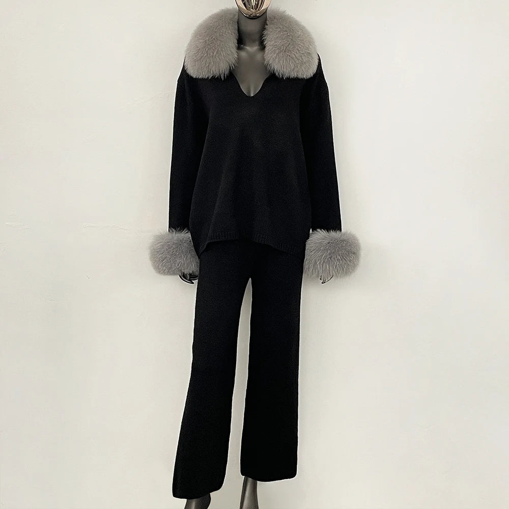 OFTBUY Loose Pants Warm Winter Elegant Casual Outfit Sweater Female New Women's Knit Two Piece Set with Real Fox Fur Collar