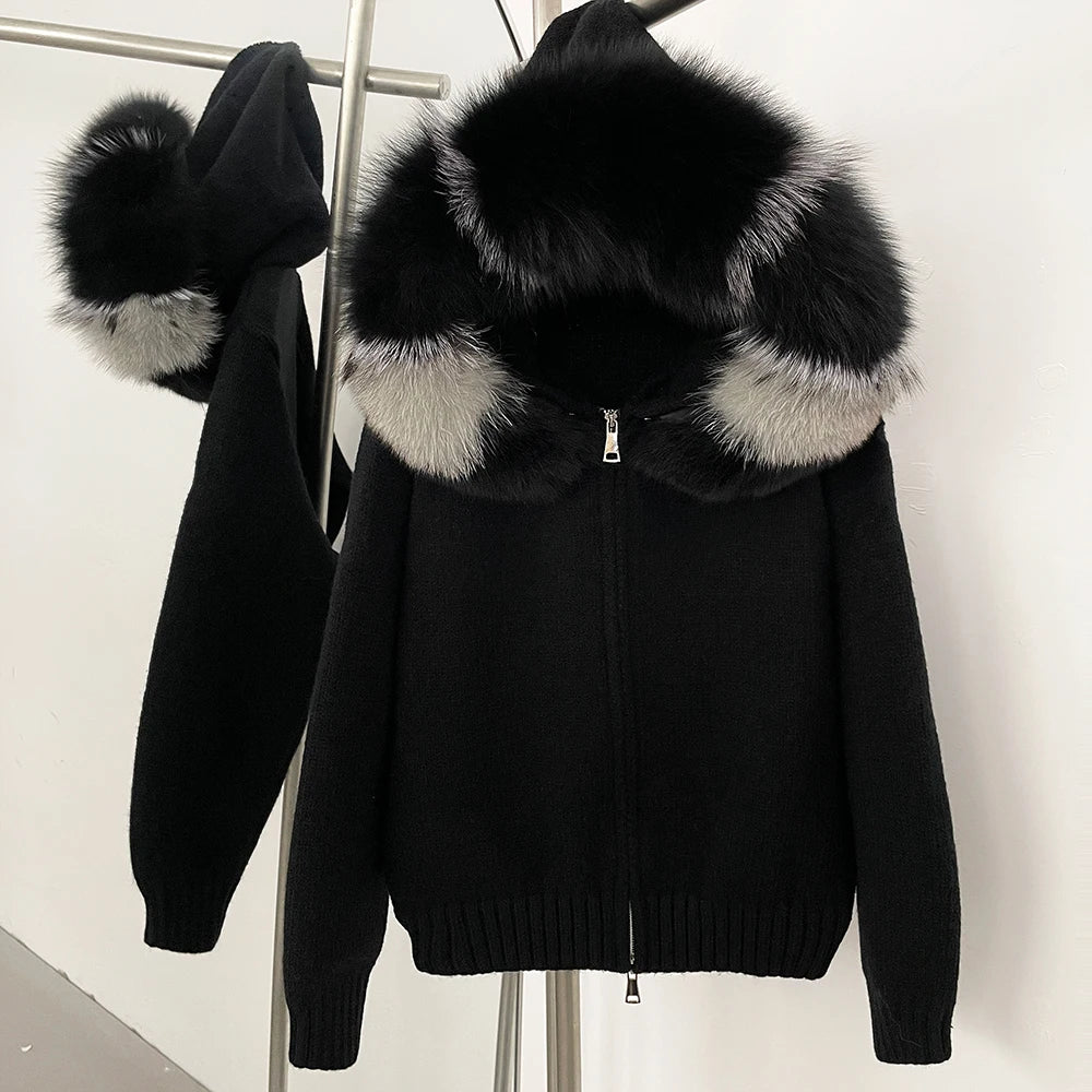 OFTBUY Luxury Knitted Zip-Up Hoodie with Oversized Real Fox Fur Hood - Premium Apres-Ski Luxe Loungewear