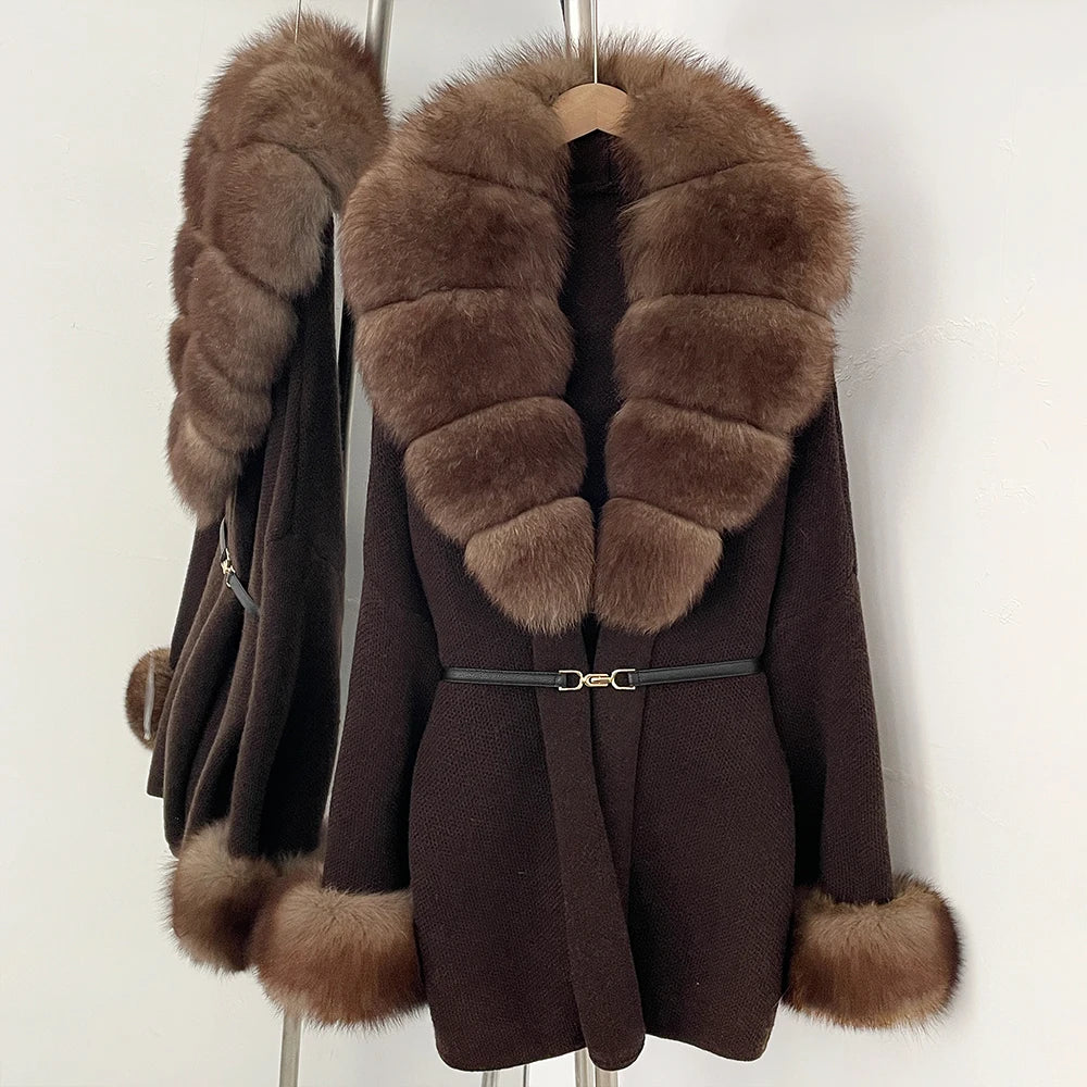 OFTBUY Belt Knit Warm Winter Luxury Casual Fashion Outerwear Sweater Female New Women's Knit Coat with Large Real Fox Fur Collar