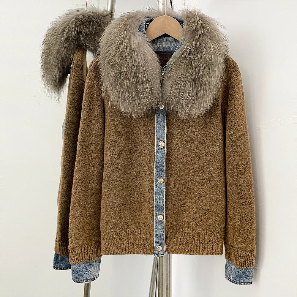 OFTBUY Denim Trim Warm Autumn Winter Fashion Outerwear Sweater Female New Women's Knit Cardigan with Large Real Fox Fur Collar