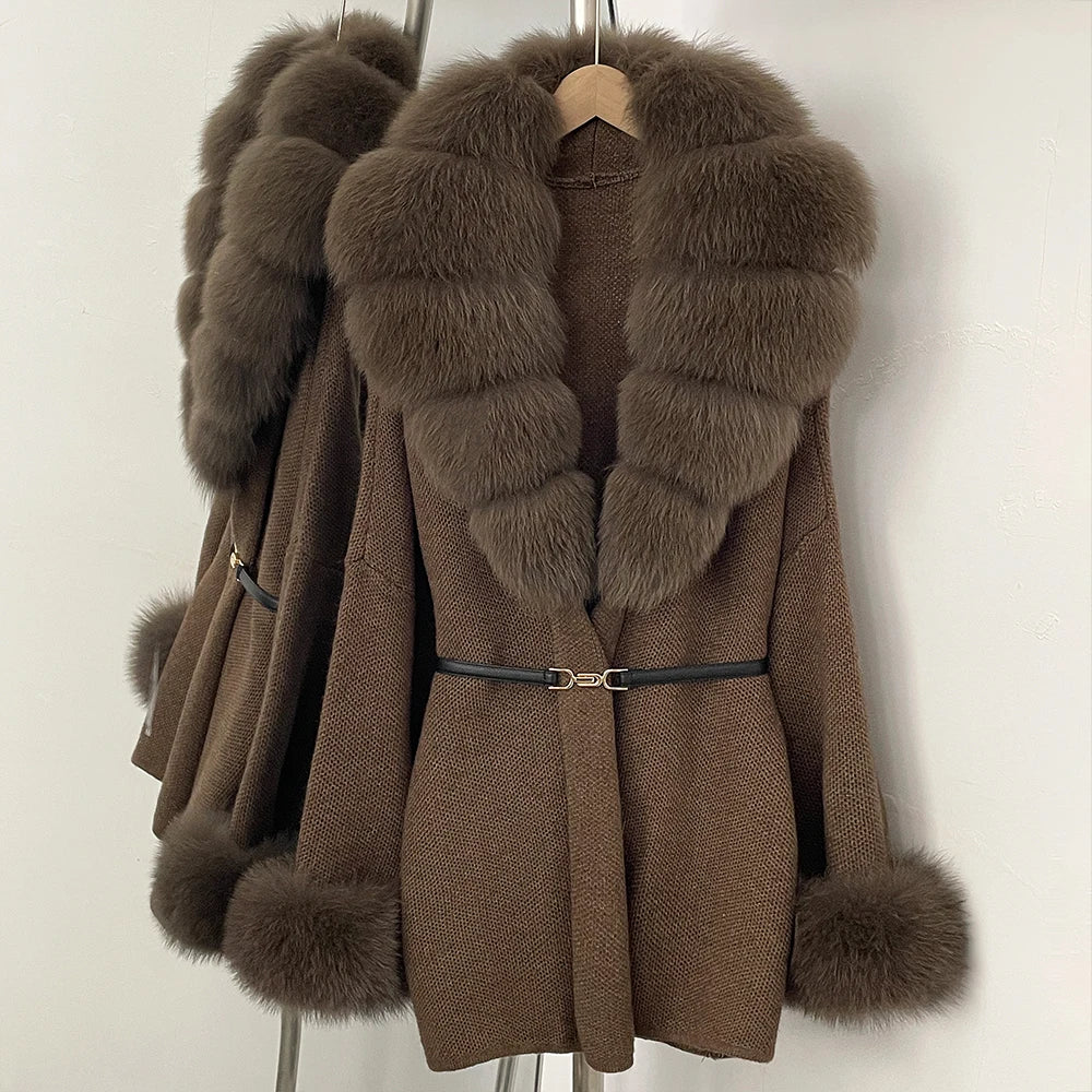 OFTBUY Belt Knit Warm Winter Luxury Casual Fashion Outerwear Sweater Female New Women's Knit Coat with Large Real Fox Fur Collar