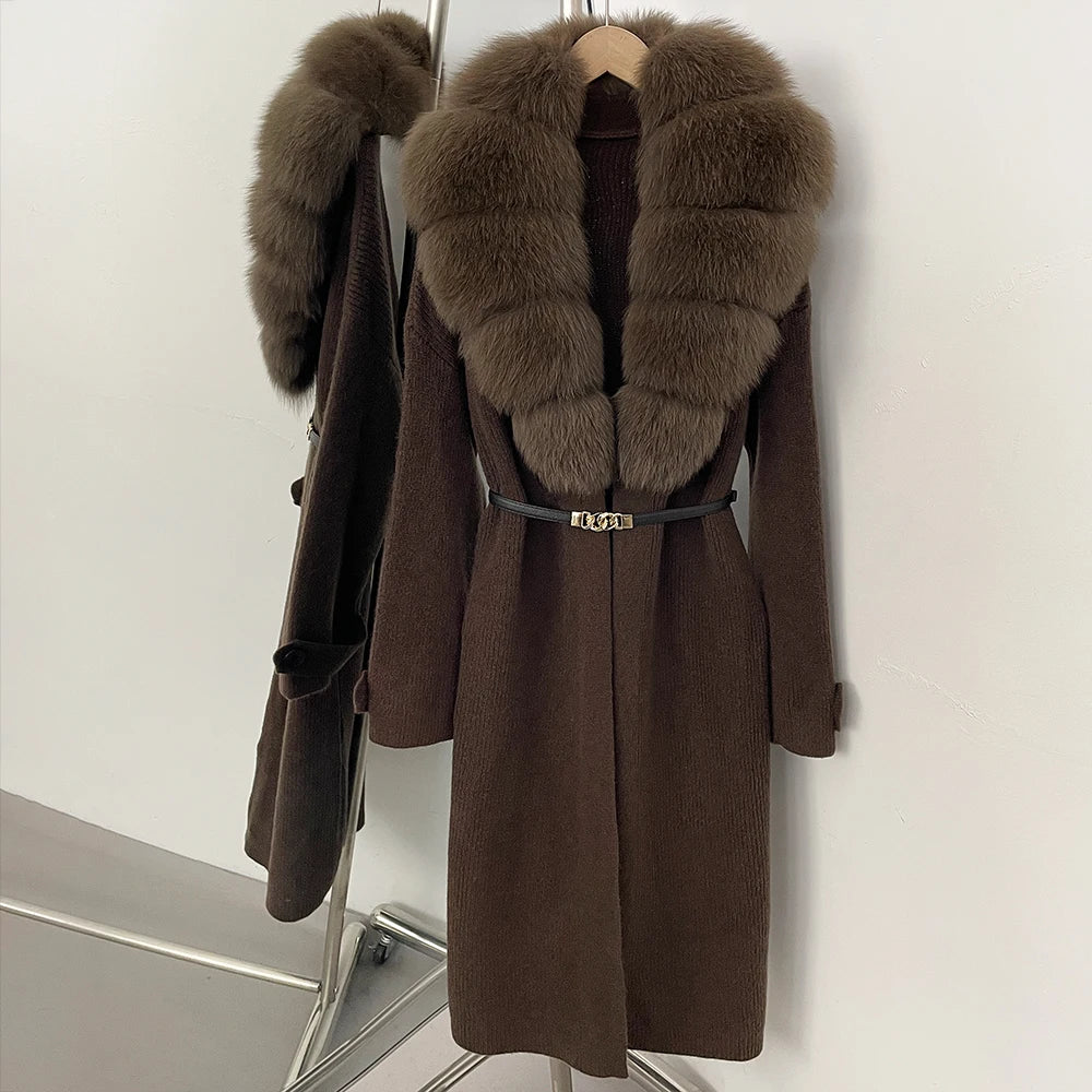 OFTBUY Warm Winter Elegant Fashion knit Outerwear female New Women's Knit Long Coat with Large Real Fox Fur Collar Belted Waist