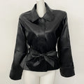 OFTBUY New Women's Lapel Collar Button Faux Leather Jacket Belted Waist Tailored Fit Detail Elegant Fashion Outerwear Female