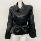OFTBUY New Women's Lapel Collar Button Faux Leather Jacket Belted Waist Tailored Fit Detail Elegant Fashion Outerwear Female