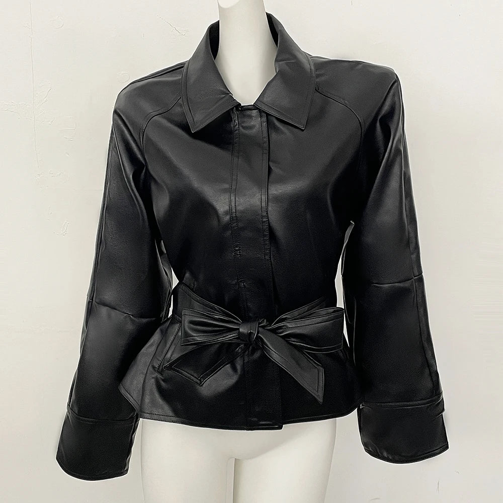 OFTBUY New Women's Lapel Collar Button Faux Leather Jacket Belted Waist Tailored Fit Detail Elegant Fashion Outerwear Female