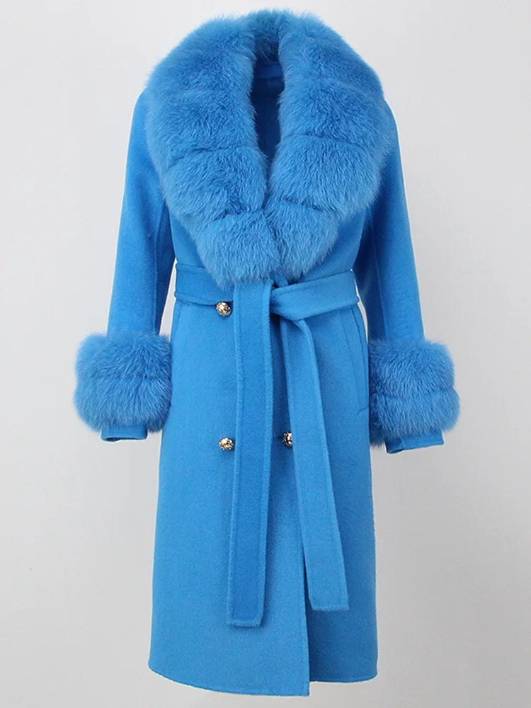 OFTBUY Winter Jacket Women Long Natural Wool Blends Cashmere Real Fur Coat Double Breasted Belt Warm Streetwear New Fashion