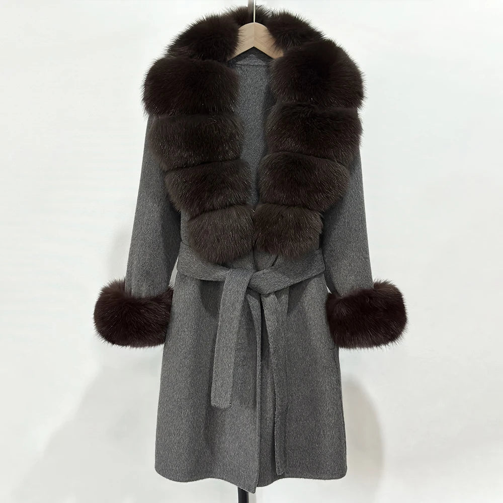 OFTBUY New Autumn Winter Top Clothes Women Belt Natural Fur Wool Coat Female Fashion Warm Woolen Jacket with Real Fox Fur Collar
