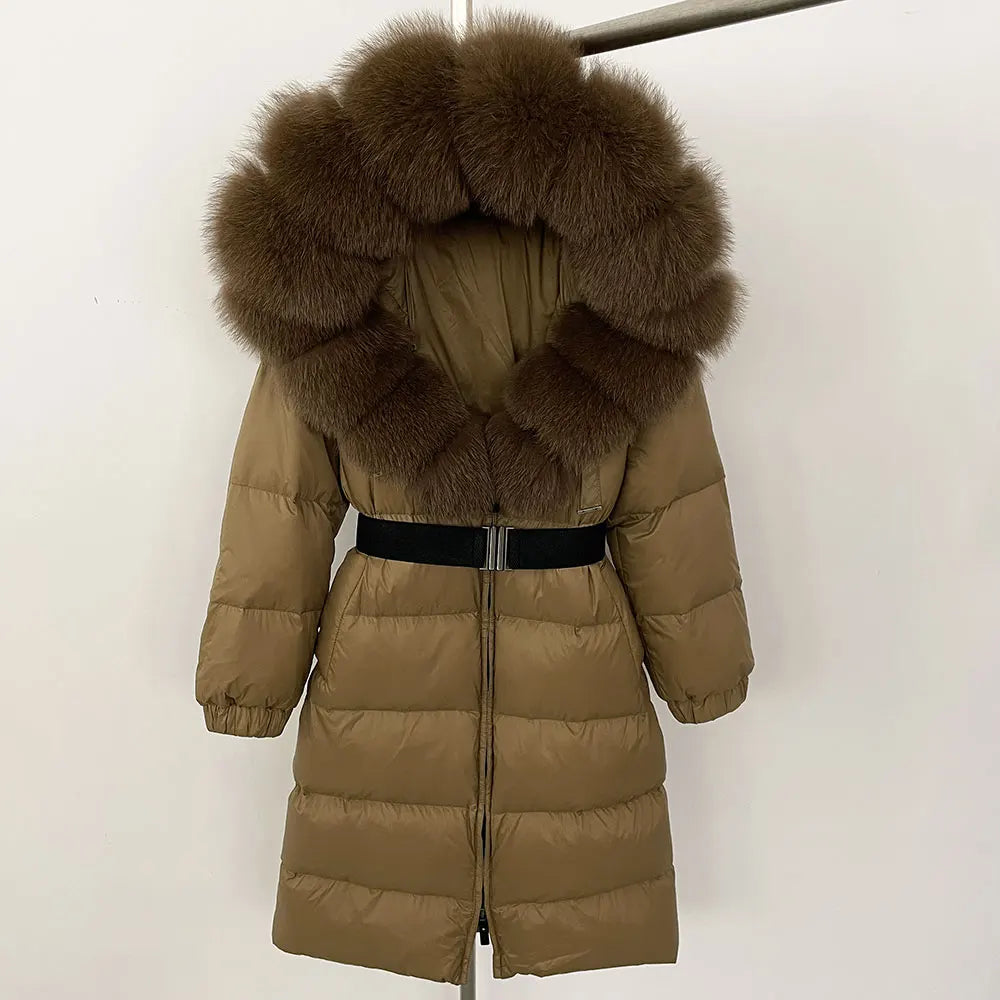 OFTBUY New Natural Thick Warm Duck Down Coat Female Long Winter Jacket Women Real Big Fox Fur Collar Belt Loose Puffer Parka