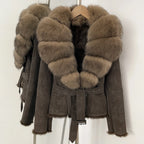 OFTBUY Belt Suede Jacket Women New Autumn Winter Real Fox Fur Collar Clothes Female Thick Warm Natural Rabbit Fur Lining Coat