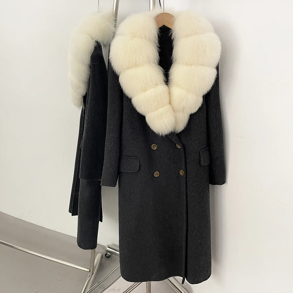 OFTBUY Woolen Coat Female Women's Luxury Double-Faced Wool Jacket Winter Oversize Real Fox Fur Double Breasted Elegant Outerwear