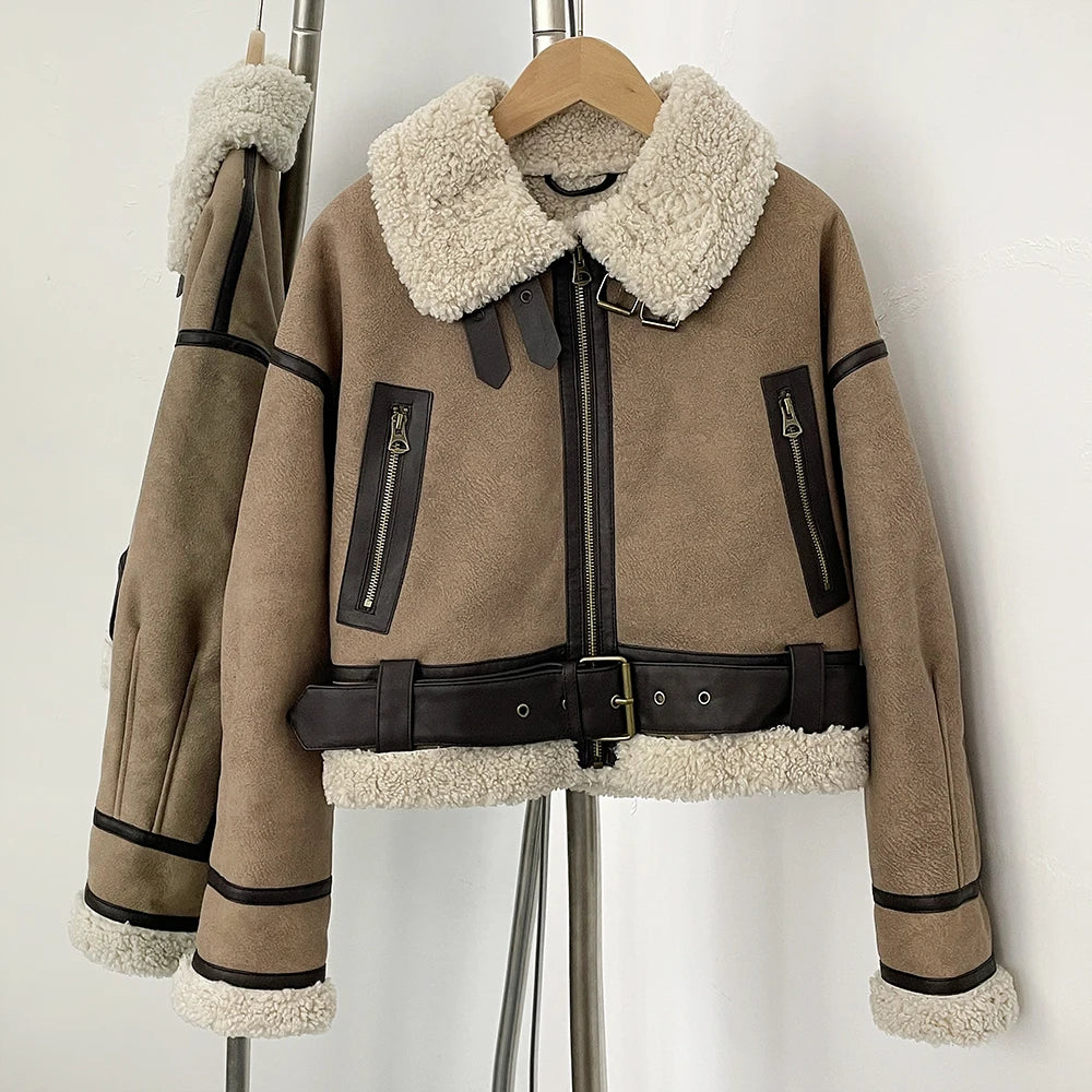 OFTBUY New Winter Clothing Woman's Fashion Thick Warm Faux Fur Shearling Jacket Coat Vintage Long Sleeve Belt Hem Jacket Female