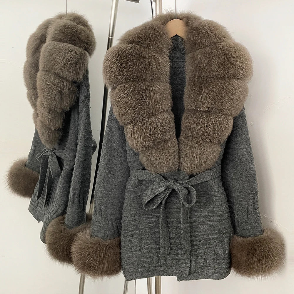 OFTBUY Belted Waist Striped Texture Pockets New Women's Knit Coat with Large Real Fox Fur Collar Winter Luxury Elegant Outerwear