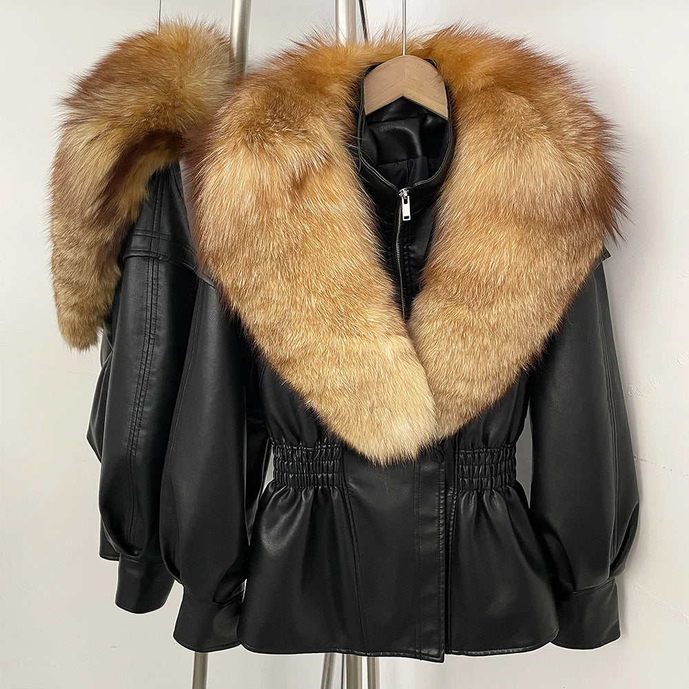 OFTBUY Women's Luxury Real Fox/Raccoon Fur Faux Leather Jacket Elastic Waist New Winter Coat Elegant PU Leather Outerwear Female
