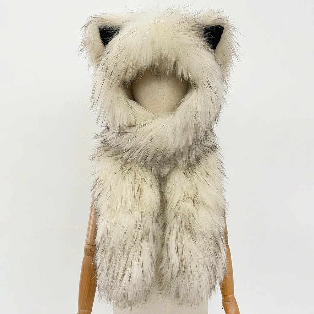 OFTBUY Thick Warm Cute Animal Natural Raccoon Fur Hat Scarf Women New Winter Windproof Cycling Caps Real Fur Muffler Female