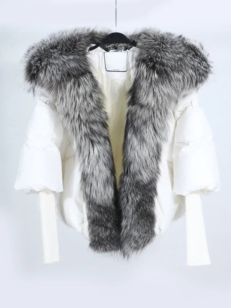 OFTUBY White Duck Down Jacket Winter Women Warm Loose Coat Natural Real Fox Fur Collar Thick Luxury Outerwear New Fashion