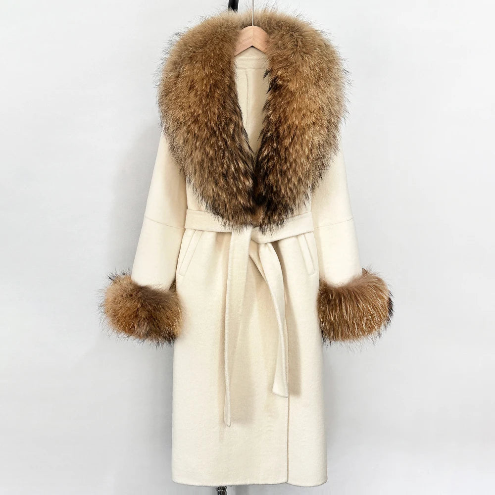 OFTBUY New Women's Double-Faced Wool Coat with Large Real Fox Fur Belted Warm Winter Luxury Fashion Outerwear Woolen Jacket Lady