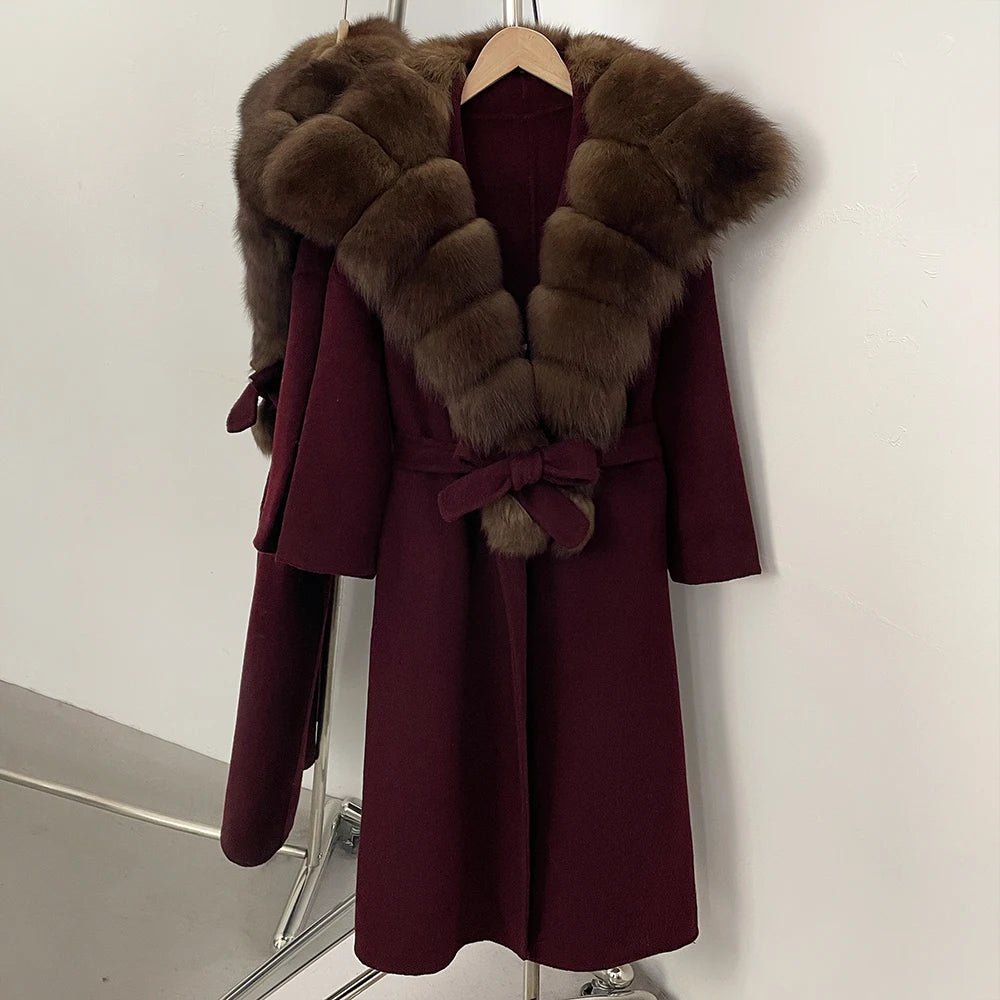 OFTBUY Long Belt Real Fur Wool Coat Female New Autumn Winter Warm Clothes Women Natural Fox Fur Collar Cashmere Woolen Jacket