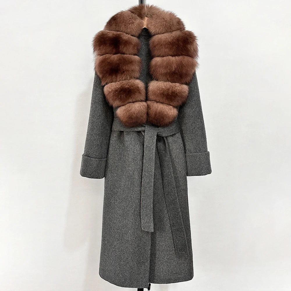 OFTBUY Long Belt 100% Wool Coat with Real Fox Fur Collar Warm Natural Fur Woolen Jacket Female New Autumn Winter Clothing Women