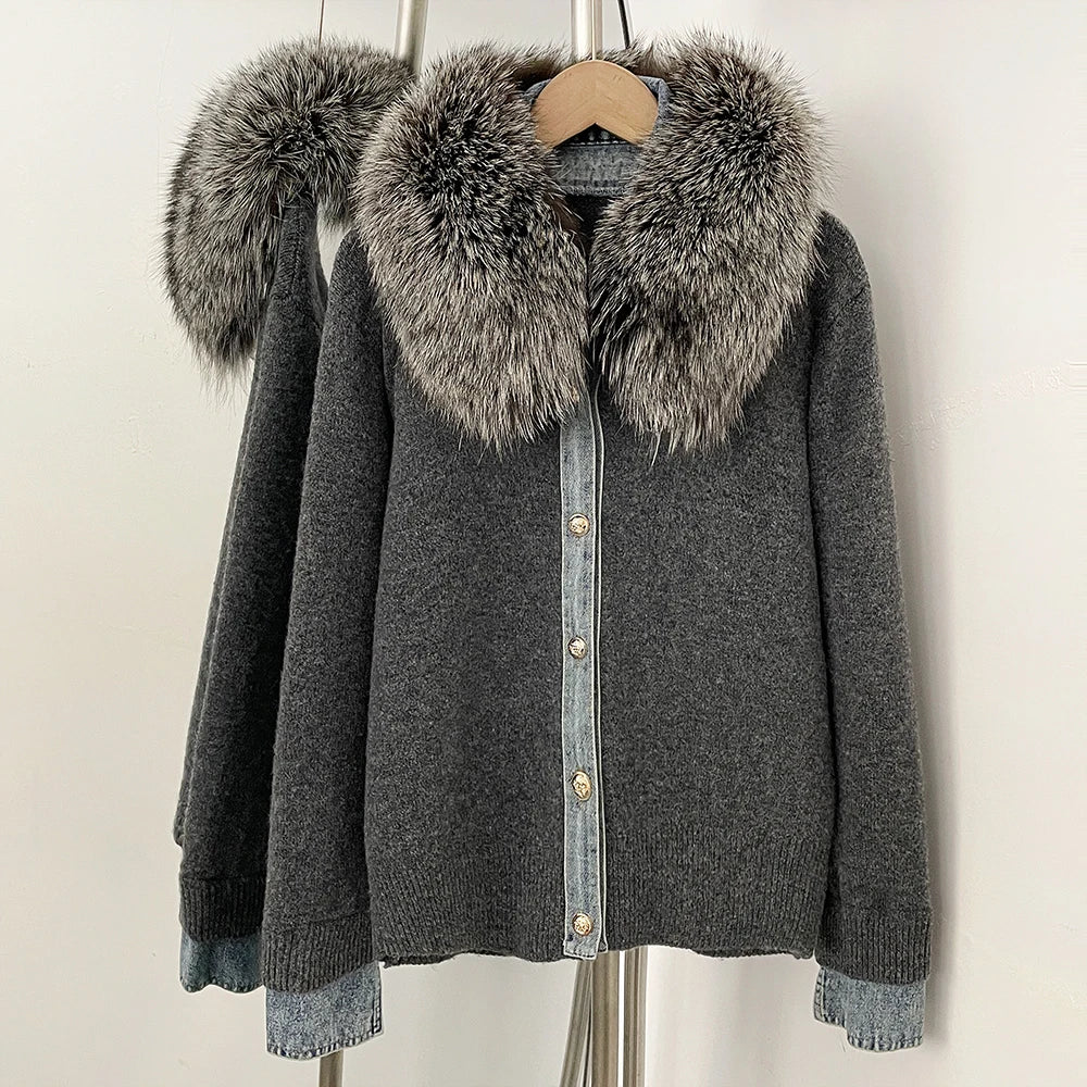OFTBUY Denim Trim Warm Autumn Winter Fashion Outerwear Sweater Female New Women's Knit Cardigan with Large Real Fox Fur Collar