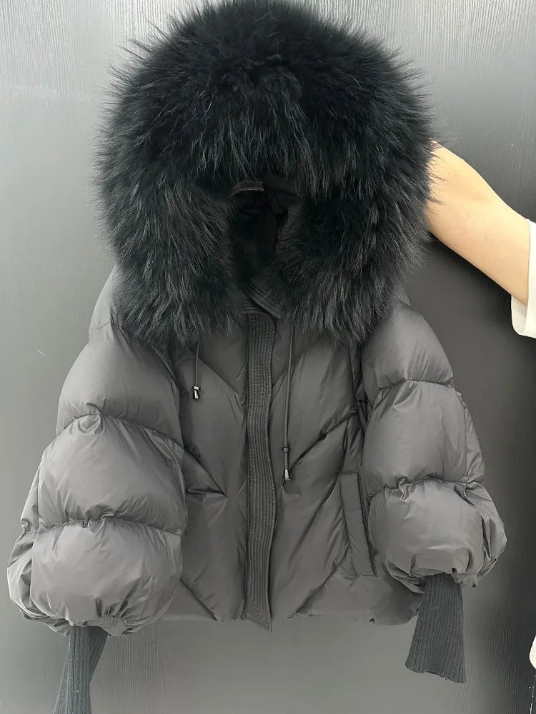 OFTBUY New Winter Large Real Fur Hooded Puffer Jacket Women Thicken Warm Knitted Sleeve Coat Lady White Duck Down Mid Long Parka