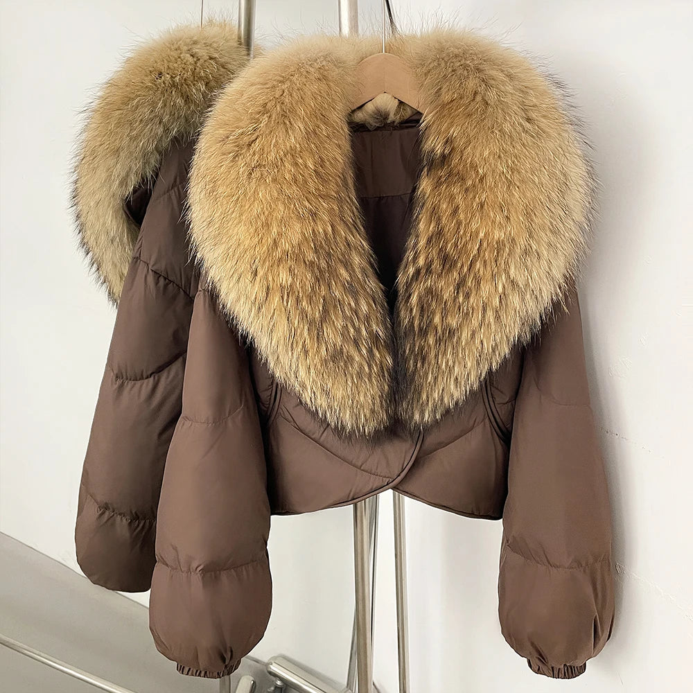 OFTBUY New Winter Real Fox Fur Short Puffer Jackets Women Natural Thick Warm 90% White Duck Down Cropped Loose Waterproof Coat