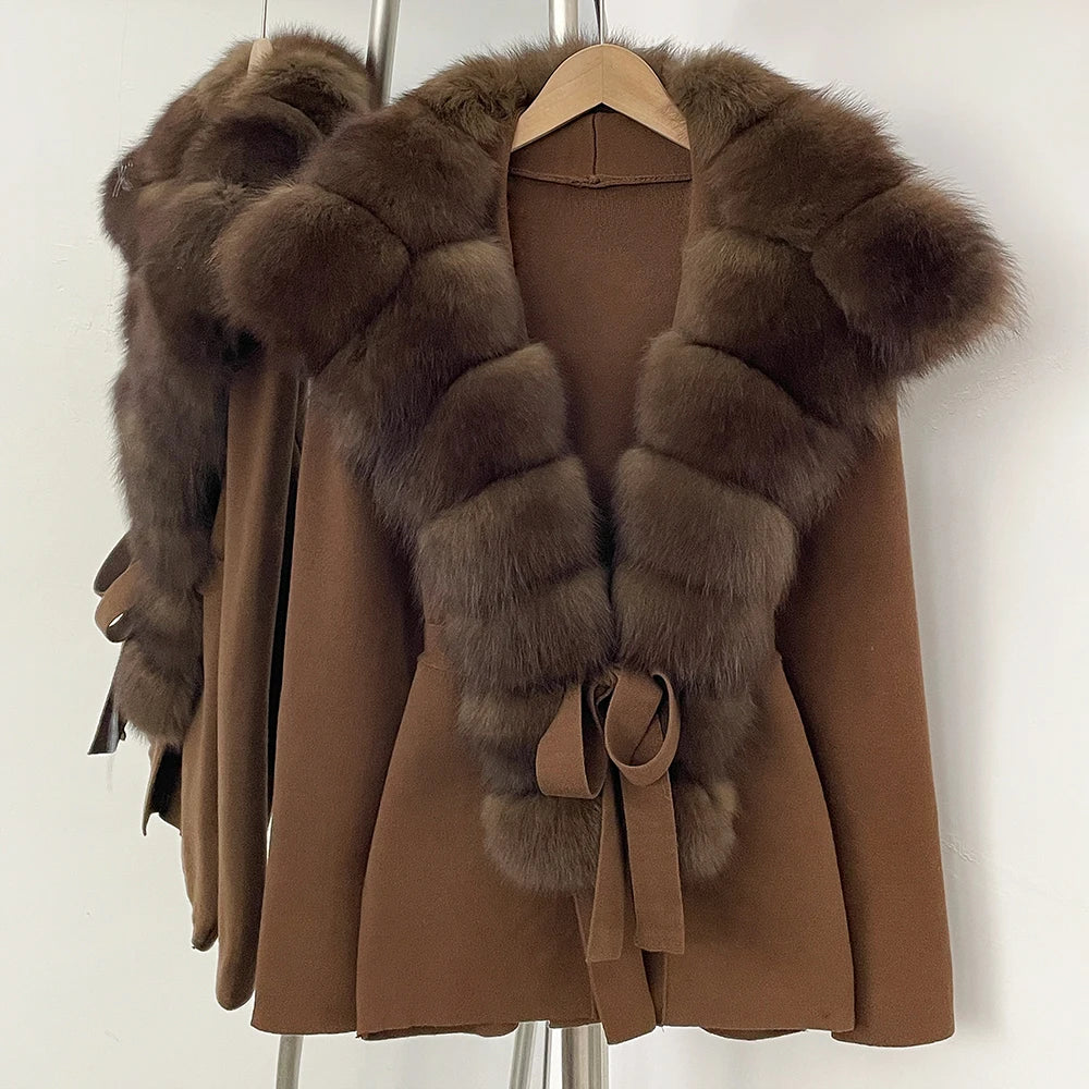 OFTBUY New Women's Knit Cardigan with Oversized Real Fox Fur Collar Belt Luxury Warm Winter Outerwear Sweater Jacket Female
