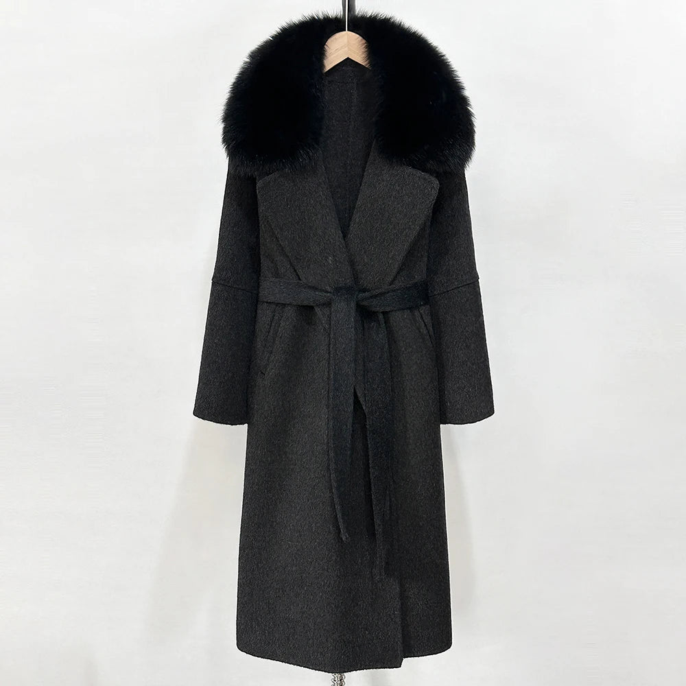 OFTBUY New Autumn Winter Long Clothing Women Fashion Warm Wool Coat with Real Fox Fur Collar Belt Elegant Woolen Jcacket Female