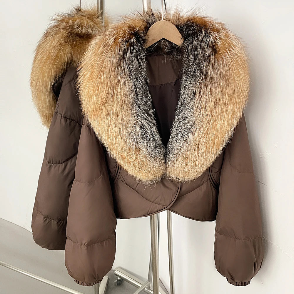 OFTBUY New Winter Real Fox Fur Short Puffer Jackets Women Natural Thick Warm 90% White Duck Down Cropped Loose Waterproof Coat