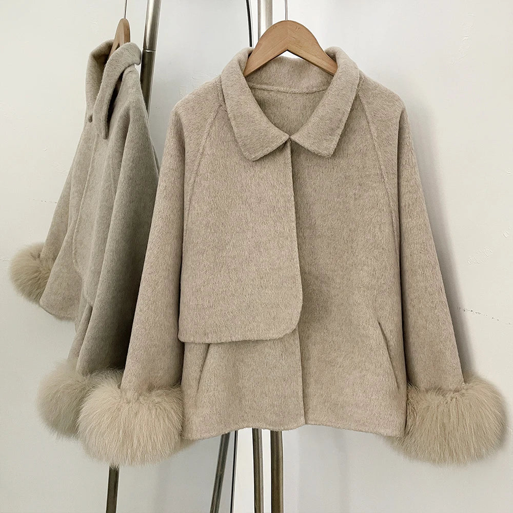 OFTBUY New Women's Double-Faced Wool Coat with Real Fox Fur Cuffs Lapel Collar Coat Design Warm Winter Elegant Fashion Outerwear