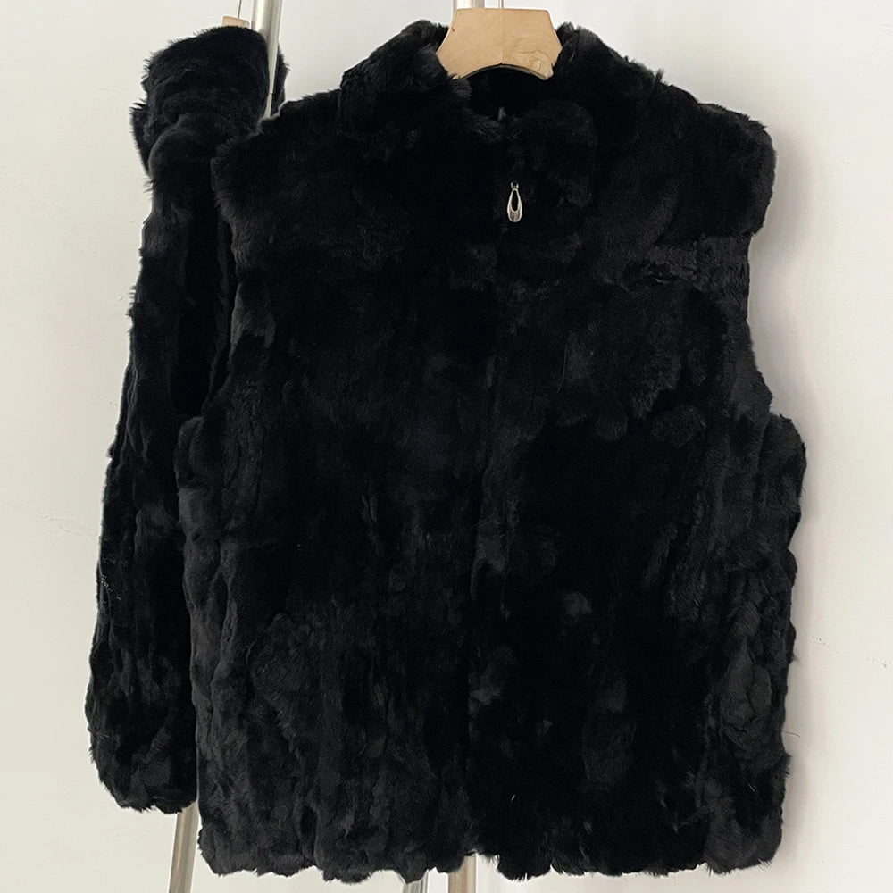 OFTBUY Women's Real Rex Rabbit Fur Hooded Coat Short Zipper Natural Fur Jacket Female New Autumn Winter Fashion Luxury Outerwear