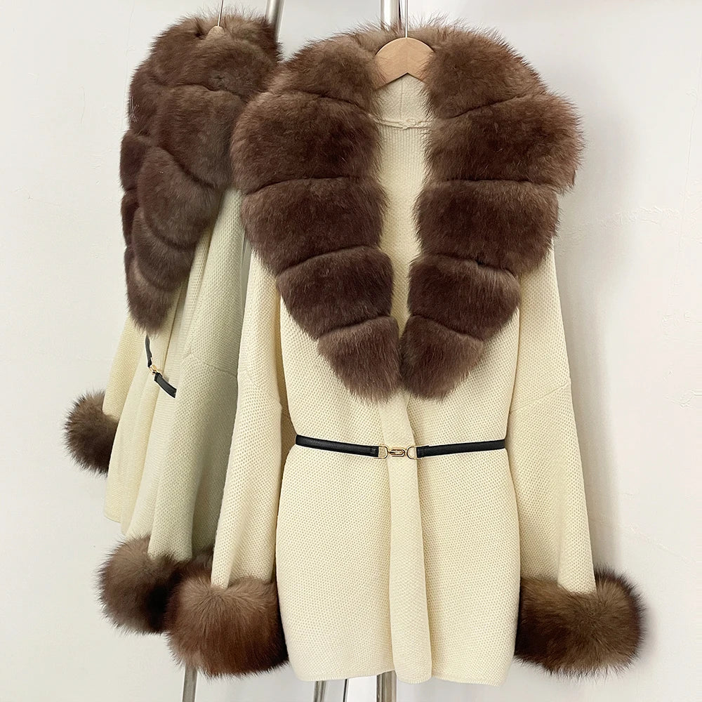 OFTBUY Belt Knit Warm Winter Luxury Casual Fashion Outerwear Sweater Female New Women's Knit Coat with Large Real Fox Fur Collar