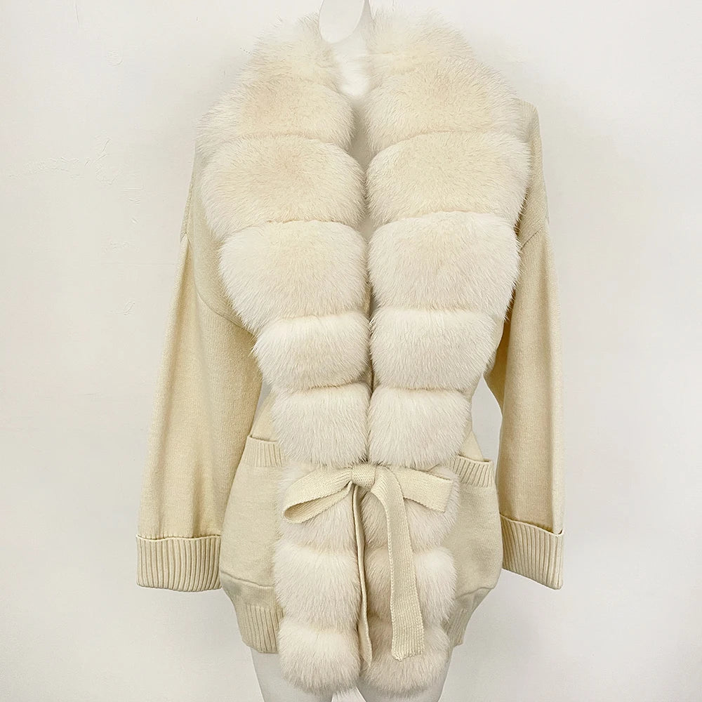 OFTBUY Trim Belted Waist Warm Winter Luxury Fashion Outerwear Sweater Female New Women's Knit Cardigan with Large Real Fox Fur