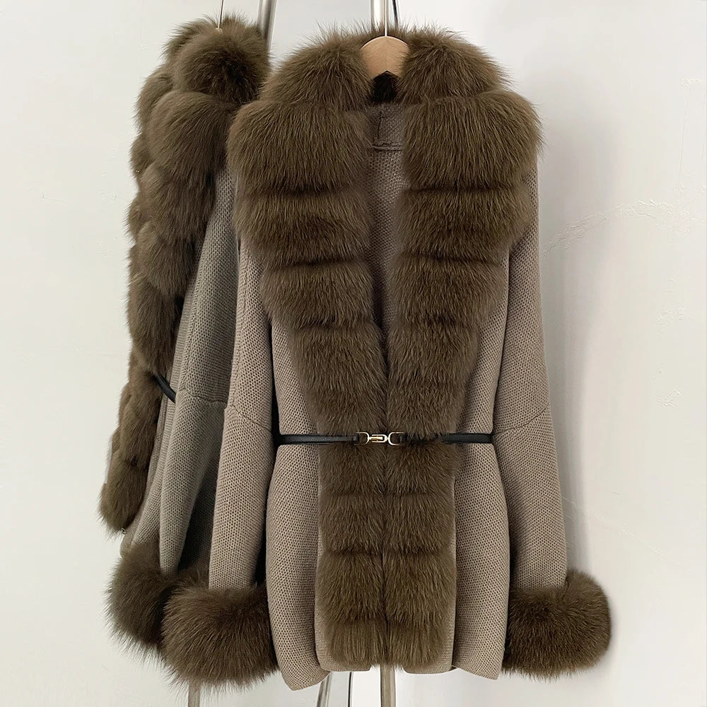 OFTBUY Belt Textured Knit Warm Winter Luxury Outerwear Female Sweater Cardigan New Women's Knit Coat with Large Real Fox Fur
