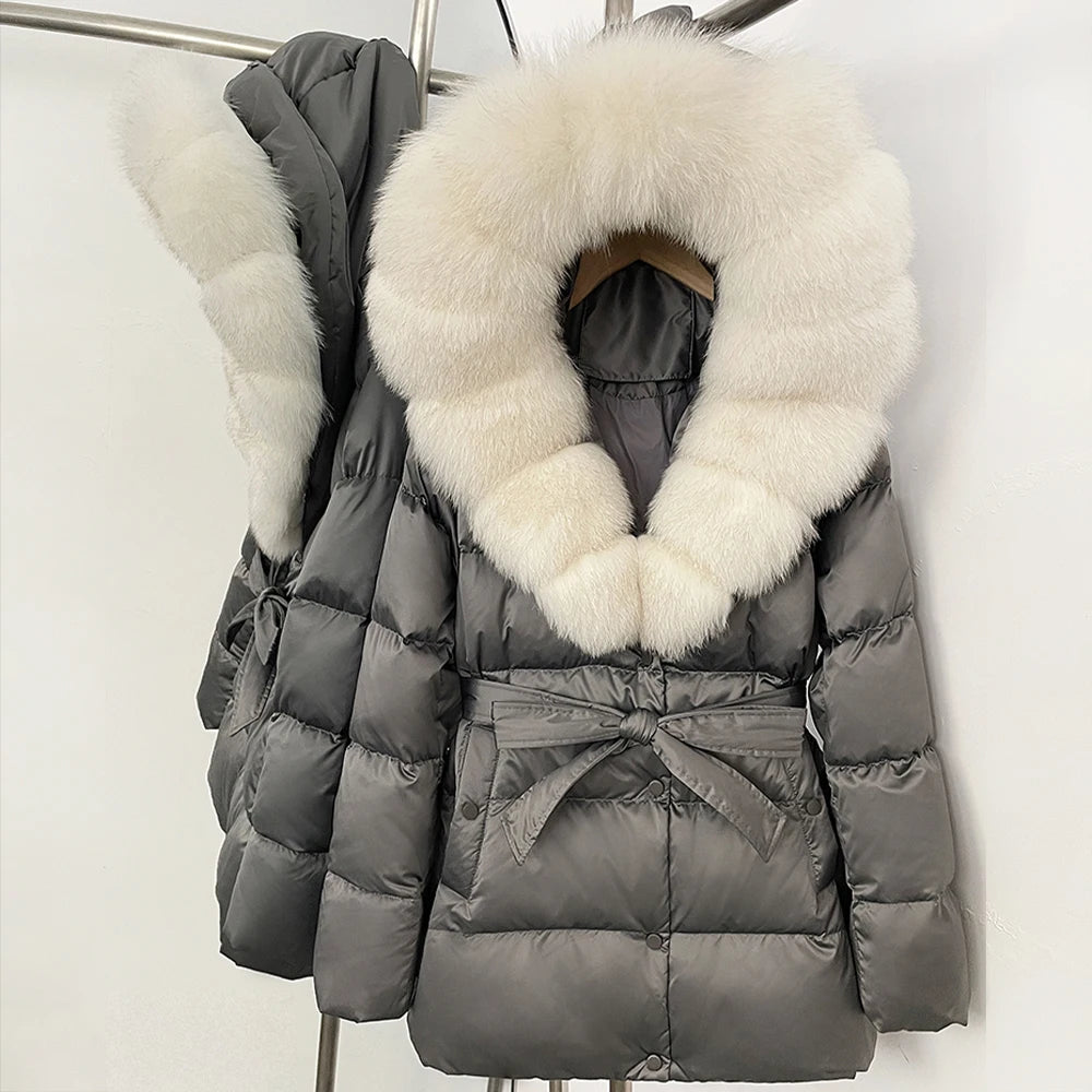 OFTBUY New Women's Duck Down Jacket with Large Real Fox Fur Hood Belted Waist Warm Winter Puffer Coat Lady Luxury Outerwear