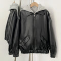 OFTBUY Detachable Hood Color Block Design New Women's Faux Leather Bomber Jacket Zipper Elastic Hem Casual Streetwear Outerwear