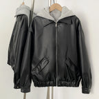 OFTBUY Detachable Hood Color Block Design New Women's Faux Leather Bomber Jacket Zipper Elastic Hem Casual Streetwear Outerwear