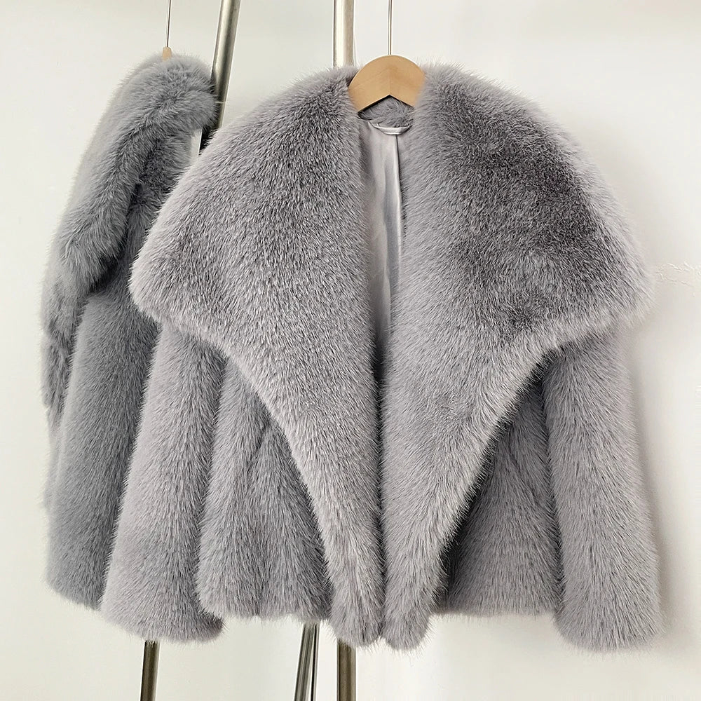 OFTBUY High Street Luxury Big Fur Collar Faux Fox Fur Jacket Female Overcoats Winter Clothes New Fashion Gradient Fluffy Fur Coat Women