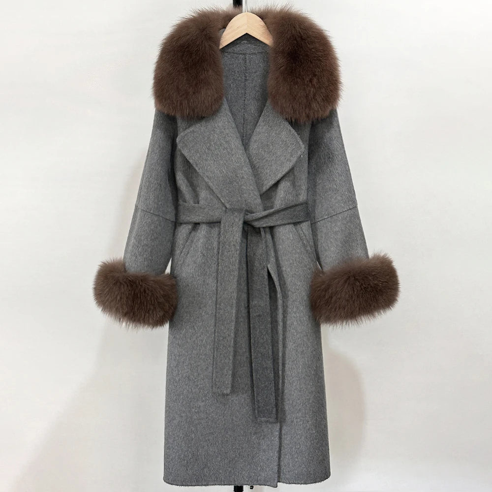 OFTBUY Fashion Warm Wool Coat with Real Fox Fur Collar New Autumn Winter Long Clothing Women Belt Elegant Woolen Jcacket Female
