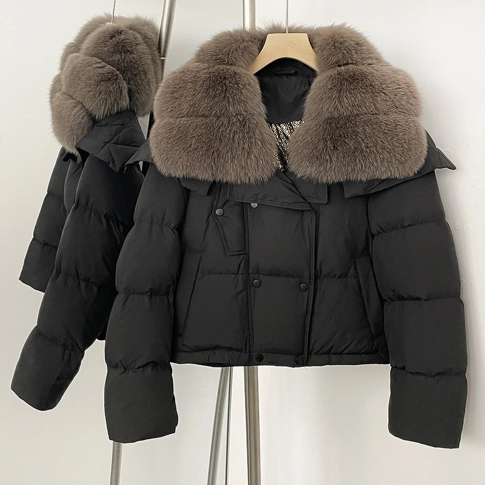 OFTBUY New Short Winter Clothing Women Thickened Warm Fluffy Raccoon Fur Puffer Jacket Female Real Fox Fur Collar Down Coat