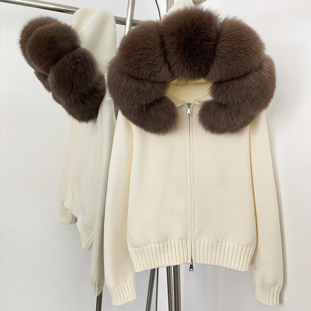 OFTBUY Luxury Knitted Zip-Up Hoodie with Oversized Real Fox Fur Hood - Premium Apres-Ski Luxe Loungewear