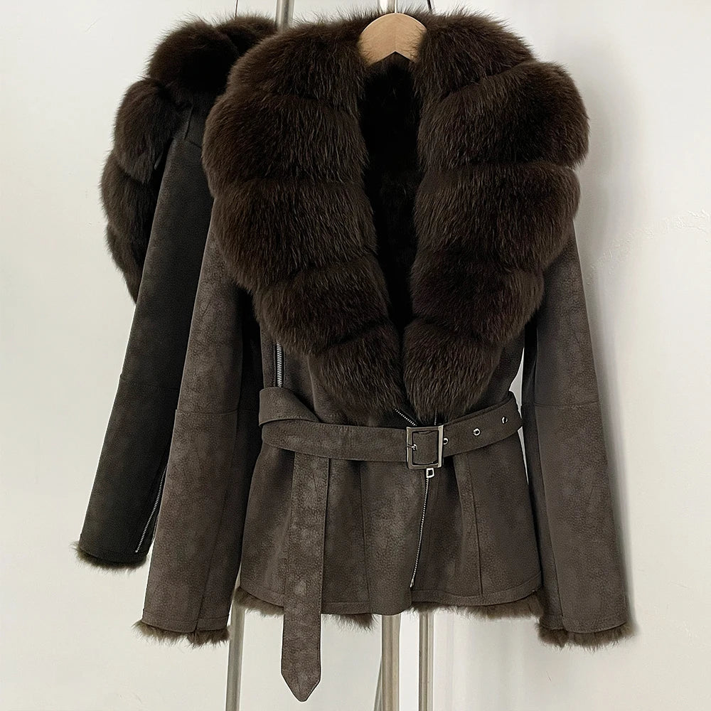OFTBUY New Women's Suede Jacket with Real Fox Fur Collar Real Rabbit Fur Lining Coat Female Belted Warm Winter Luxury Outerwear