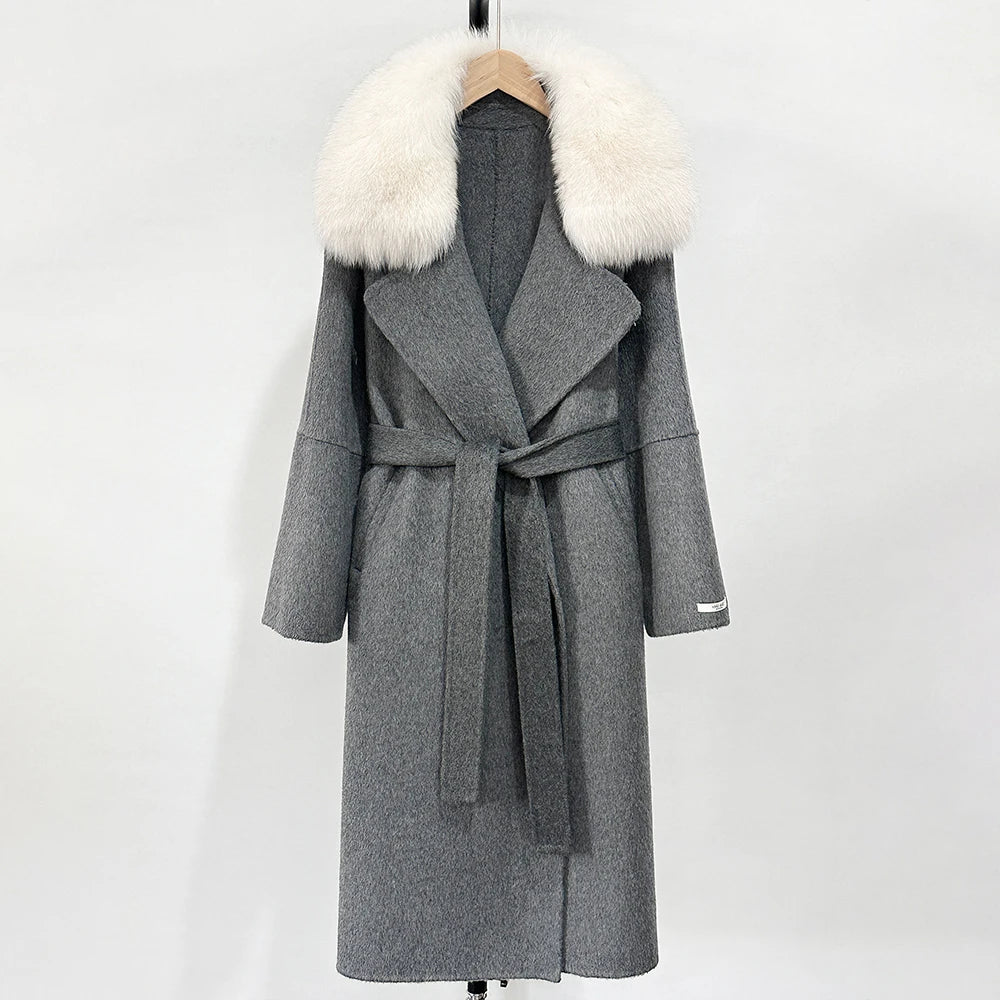 OFTBUY New Autumn Winter Long Clothing Women Fashion Warm Wool Coat with Real Fox Fur Collar Belt Elegant Woolen Jcacket Female
