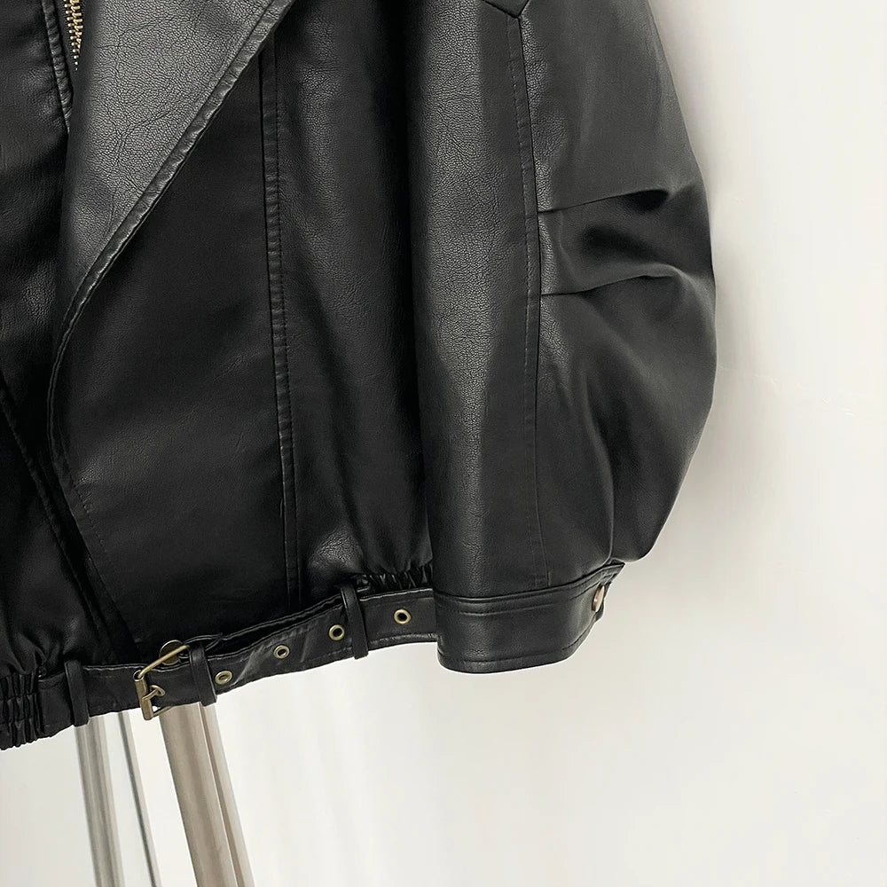 OFTBUY Wholesale Faux Leather Jacket Women Fashion Black Fake Leather Locomotive Coat Female New Spring Autumn Clothes Lady Overcoat
