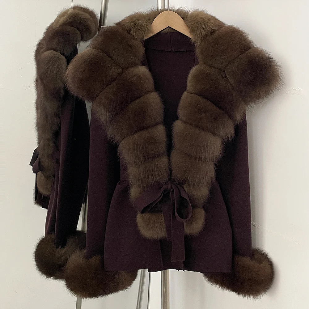 OFTBUY cardigan women Sweater Female New Women's Knit Coat with Real Fox Fur collar Belt Luxury Warm Winter Fashion Outerwear