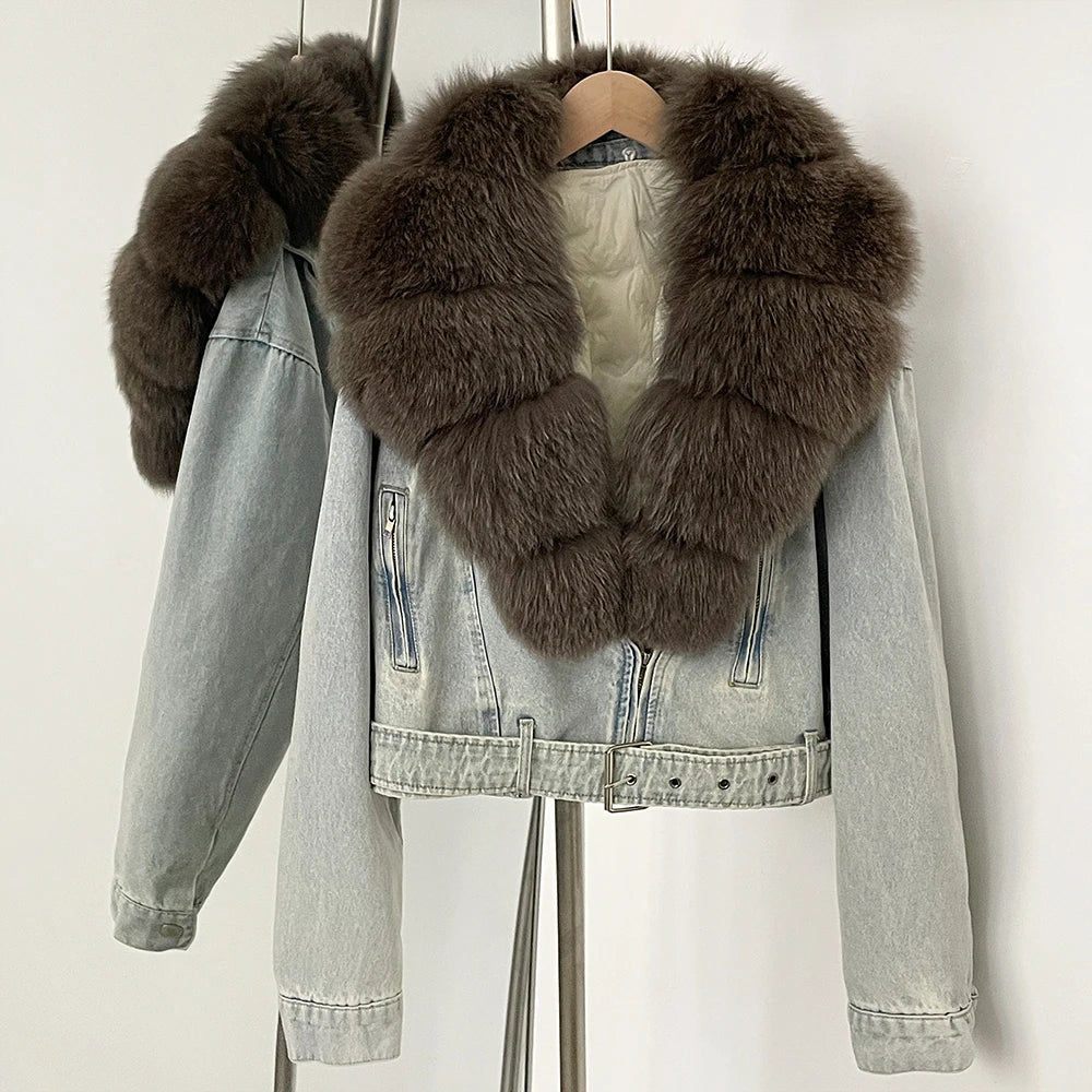 OFTBUY Real Fox Fur Collar Down Inner Lid Denim Jacket Female New Fashion Thick Warm Clothes Women Short Fluffy Puffer Jacket