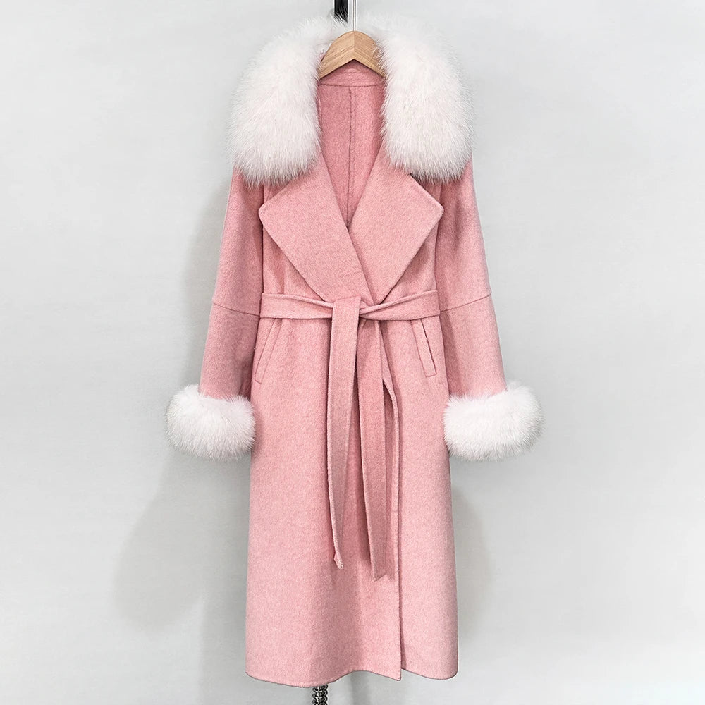 OFTBUY Fashion Warm Wool Coat with Real Fox Fur Collar New Autumn Winter Long Clothing Women Belt Elegant Woolen Jcacket Female