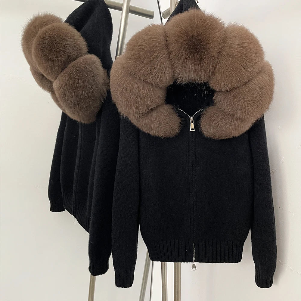 OFTBUY Luxury Knitted Zip-Up Hoodie with Oversized Real Fox Fur Hood - Premium Apres-Ski Luxe Loungewear