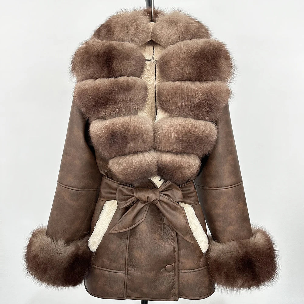 OFTBUY Large Natural Fox Fur Women Faux Leather Jacket Autumn Winter Fashion Ladies Warm Retor Faux Lamb Fur Coat Outwear